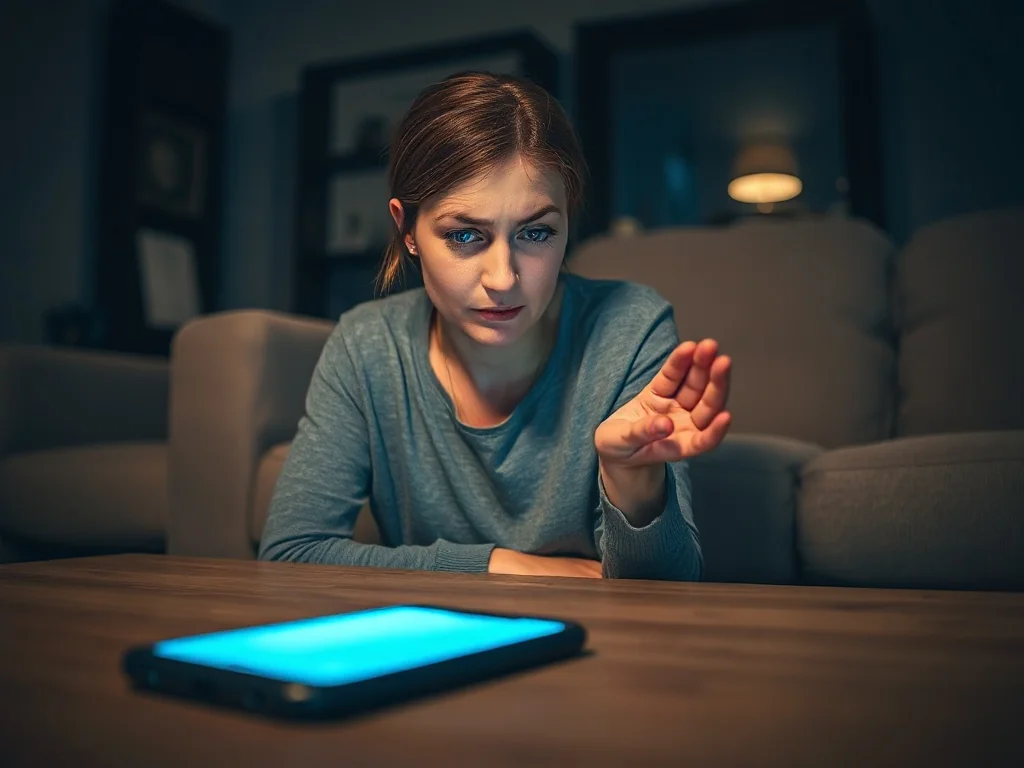 Zaniepokojona kobieta patrzy na pustą dłoń w ciemnym salonie, podczas gdy jej telefon leży porzucony na podłodze.
