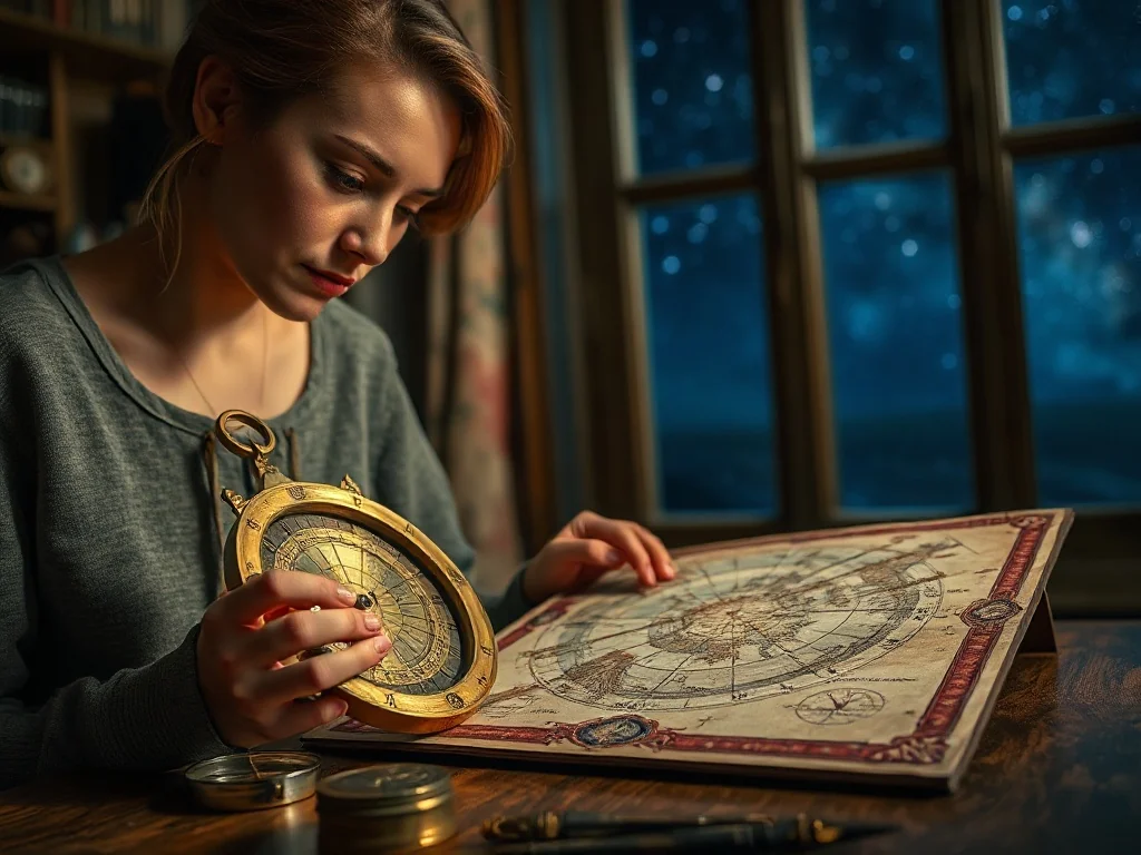 Kobieta studiująca dawną mapę nieba przy biurku z astrolabium i kompasem, co nawiązuje do obliczania ascendentu.