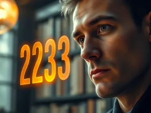 Kobieta zamyślona nad unoszącą się w powietrzu, świetlistą liczbą 1331 w klimatycznej bibliotece.