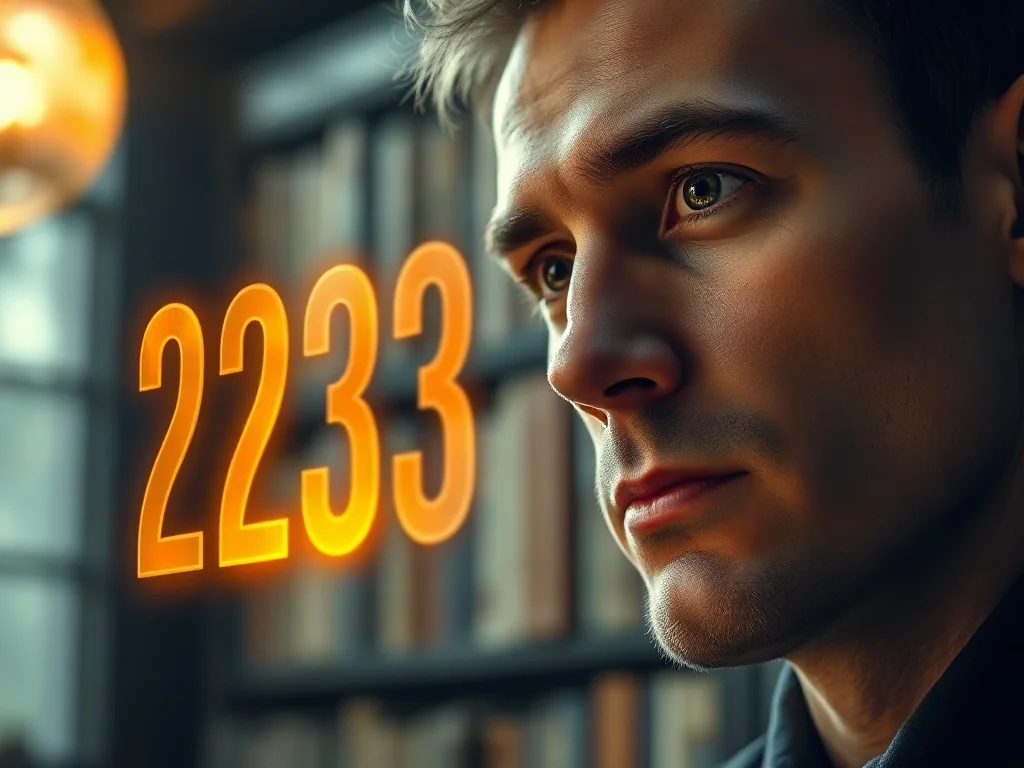 Mężczyzna z zaciekawieniem wpatruje się w unoszącą się w powietrzu złotą liczbę 2323 w mistycznej bibliotece.