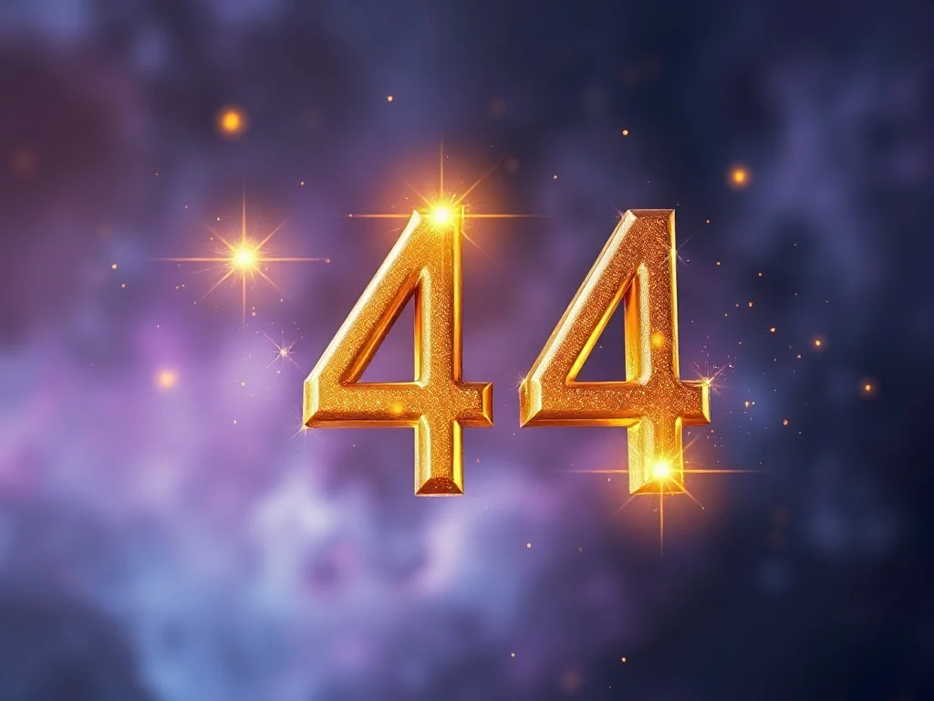Złota, świecąca liczba 44 unosząca się na tle kosmicznej mgławicy, symbolizująca duchowe znaczenie tej liczby w numerologii.